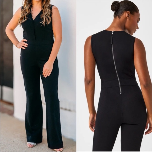 SPANX The Perfect Sleeveless Jumpsuit Ponte Knit Classic Black Flare Wide Leg